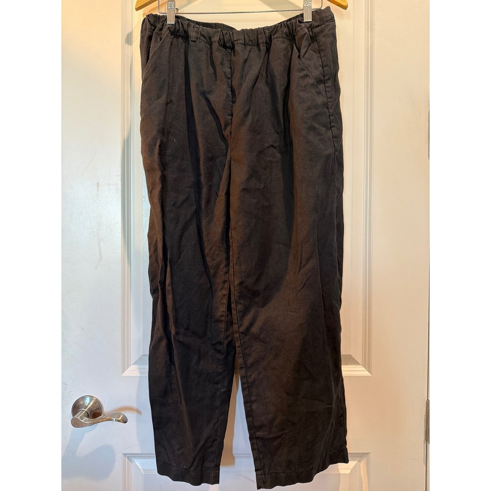 Quince 100% European Linen Wide Leg Pants Black Large Elastic Waist Pocket